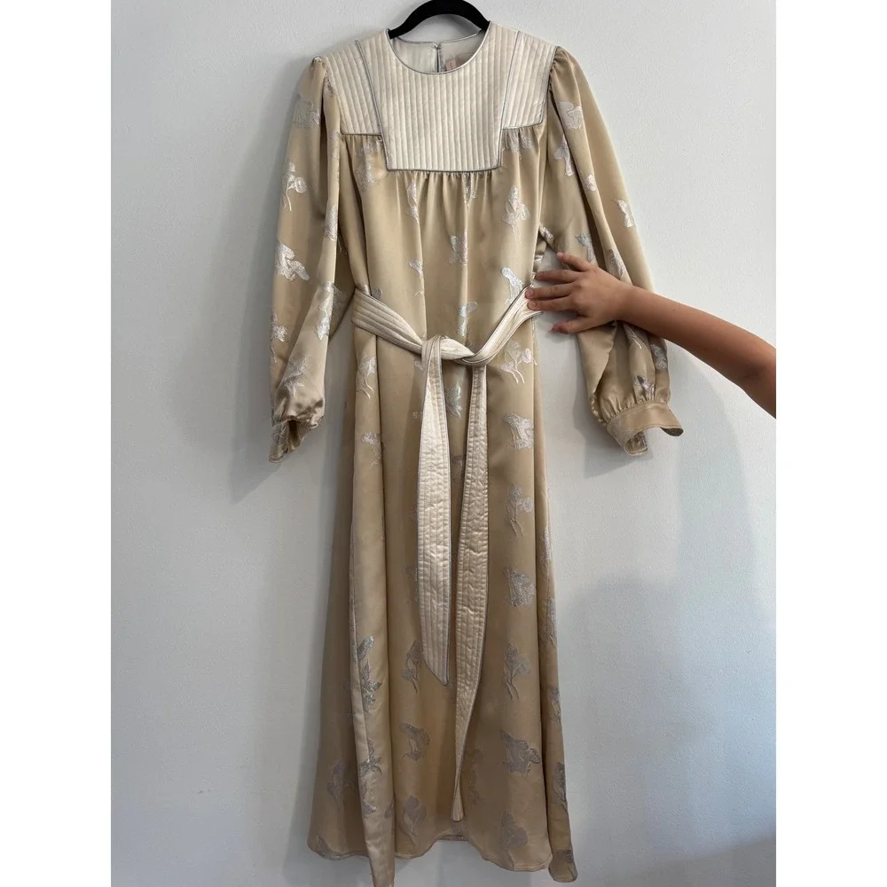 Tory Burch Mushroom Lurex Satin Gown Womens M Champagne Jacquard dress luxury - Picture 7 of 13